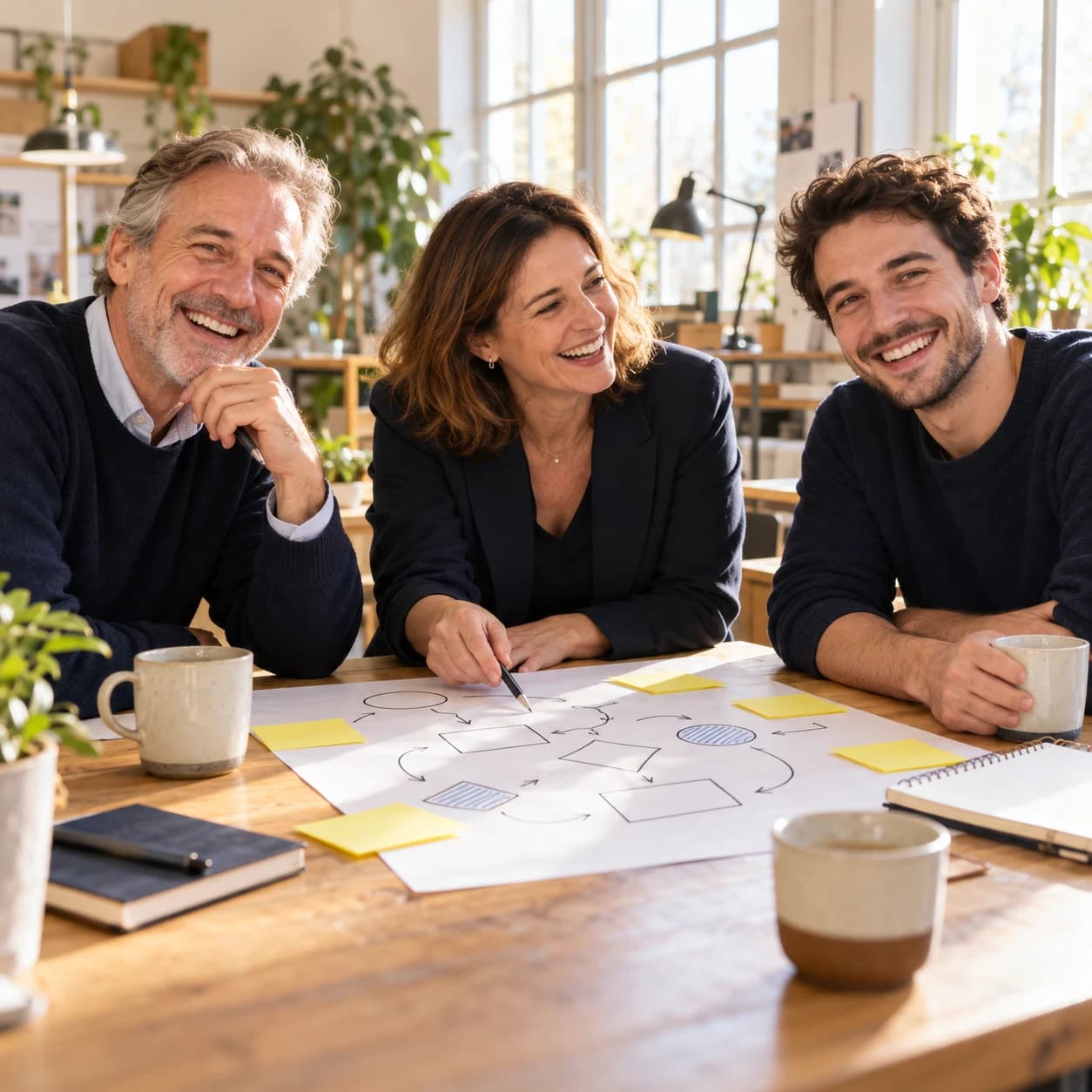 Trois collègues sourient autour d’un schéma de processus et de post-it.